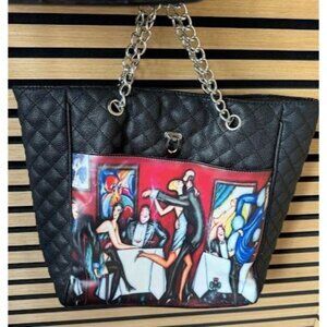 1960s Leather Purse By Beth With Night Club Scene Chain Straps & Red Interior
